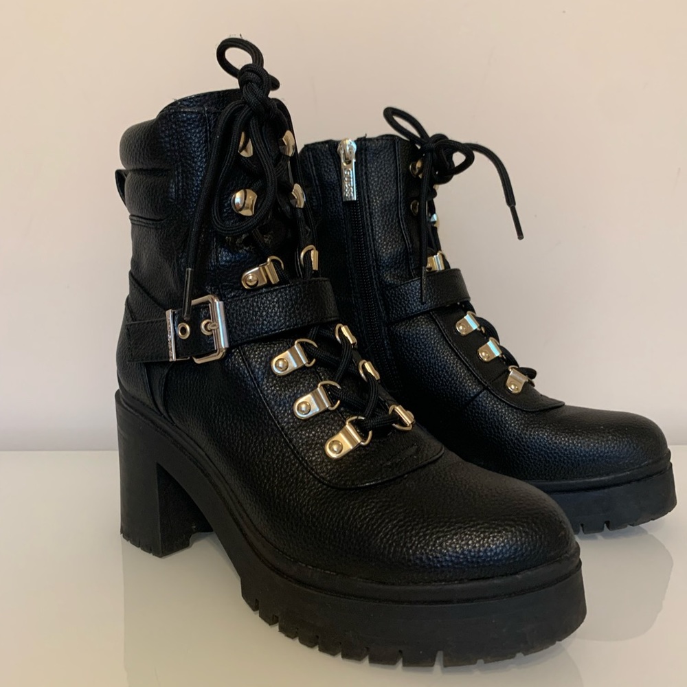 Guess Black Heeled Boots with Gold Accents